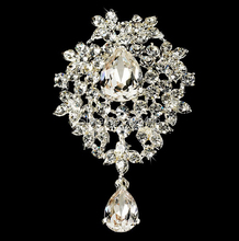 Silver Plated Clear Rhinestone Diamante Crystal Heart Drop Glass Bridal Brooch Gift Pins 2024 - buy cheap