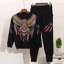 Conjunto blusas femininas de malha bordada, roupas de inverno com duas peças, vestuário casual para outono 2024 - compre barato