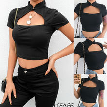 Camisetas sexys de verano para mujer, camiseta negra de algodón de manga corta con cuello Halter, camiseta de mujer informal, Tops cortos y ceñidos 2019 2024 - compra barato