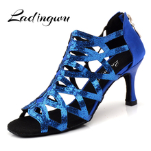 Ladingwu Woman Latin Dance Shoes Blue Glitter and Satin Sandals For Dance Shoes For Ballroom Dancing Heel For Women Salsa Shoes 2024 - buy cheap