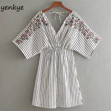 Summer Dress 2018 Women Floral Embroidery Striped Dress Sexy Backless V Neck Loose Sleeve Elastic Waist Casual Dress CCWM8555 2024 - buy cheap
