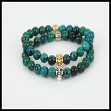 fashion gold/silver color skull head men charm stretch bracelet natural 8mm phoenix green round gem stone beads women bracelet 2024 - buy cheap