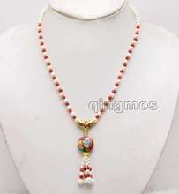 5-6mm White Round Natural Pearl with Red crystal & 18mm Cloisonne pendant 18'' Necklace-nec6387 2024 - buy cheap