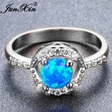 Junxin anel de casamento feminino, novo anel vintage com preenchimento de ouro branco, redondo, azul opala de fogo, cristal branco, zircônia, presente para mulheres 2024 - compre barato