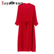 SuyaDream Women Red Dress 100%Silk V neck Elegant T Shirt Dress Women 2020 Summer Sash Midi Dresses Silk Clothes Vestidos 2024 - buy cheap