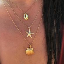 Conjunto de 3 unids/set de collar dorado multicapa con colgante de conchas, conchas y estrellas, para mujer, ropa Bohemia para fiesta en la playa 2024 - compra barato