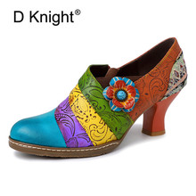 2019 Women Shoes High Heels Sexy Round Toe Slip-on Wedding Office Ladies Shoes Vinatge Print Genuine Leather Handmade Women Pump 2024 - buy cheap