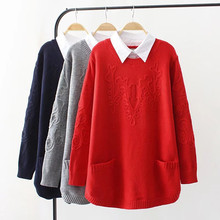 Suéter feminino de malha com gola, pulôver de duas peças falso, para outono e inverno, tamanho grande, 2019 2024 - compre barato