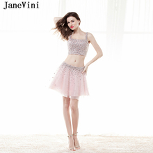 JaneVini 2019 vestidos de fiesta de graduación rosa para chicas Sexy dos piezas sin tirantes brillante con cuentas cortas vestidos de graduación de tul 2024 - compra barato