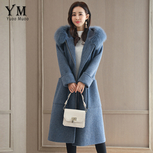 YuooMuoo New High Quality Designer Cashmere Coat Women Long Winter Jacket Wool Coat Blue Artificial Feather Hooded Woolen Coat 2024 - buy cheap