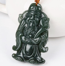 Pingente amuleto verde natural de jade esculpido, deus da riqueza chinesa + colar de contas + presente de joia fina de certificado 2024 - compre barato