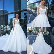 Design de cristal 2019 vestidos de casamento manga longa rendas apliques vestidos de noiva trem varredura mais tamanho uma linha vestido de casamento robe de 2024 - compre barato