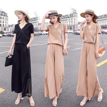 New Female Two Pieces Sets 2021 Summer women short Sleeve V-neck loose Tops blouse shirt and wide leg trousers pants Suits 2024 - buy cheap