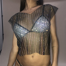 Verão Sexy corrente de Metal de Malha camisa Xadrez Mulheres Safra Encabeça Curto Oco diamantes Lantejoula Praia Partido Boate Camis regatas 2019 2024 - compre barato