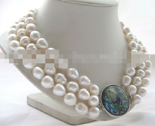 FREE SHIPPING>>>@@ > 0772 3row white baroque rice freshwater pearl necklace - abalone shell 2024 - buy cheap