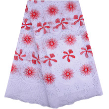 Новое поступление, белый + красный африканский гипюр, кружевная ткань, Высококачественная французская молочная шелковая кружевная ткань с камнями для платья 1394 2024 - купить недорого