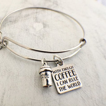 Yamily with enough coffee I can rule the world Engraved Charm pendant coffee cup bracelet stainless steel Bangle adjustable 2024 - buy cheap
