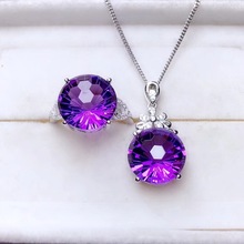 Conjunto de joyería con anillo y collar de amatista púrpura, joyería para mujer, Gema natural redonda, Plata de Ley 925 certificada, regalo para niña 2024 - compra barato