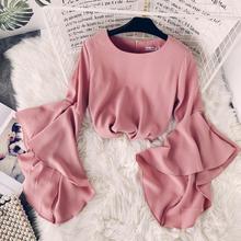 2019 spring autumn new women O-neck flare sleeve chiffon blouses shirt female solid color elegant shirts women's tops 2024 - buy cheap