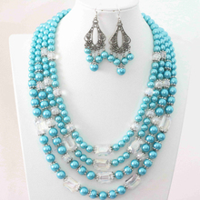 Charming sky blue round shell simulated-pearl white crystal beads fresh earrings 4rows necklace jewelry set 18-23.5inch B1005 2024 - buy cheap