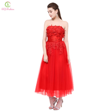 Folga vestido de noite laço vermelho strapless a linha chá-comprimento vestido de festa a noiva casado banquete elegante formal vestidos personalizados 2024 - compre barato