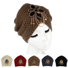 New Fashion Ladies Metal Jewel Accessory Winter Warm Floral Turban Soft Knit Headband Beanie Crochet Headwrap Women Cap 2024 - buy cheap