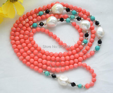 6mm round pink coral blue baroque white freshwater pearl necklace 50Inch 2024 - buy cheap
