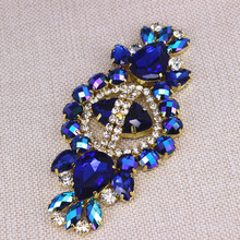 12*5.8cm Glass+resin Blue AB Colorful rhinestone applique Gold Base Dress Belt Applique Sew on Party Dress Decoration 2024 - buy cheap