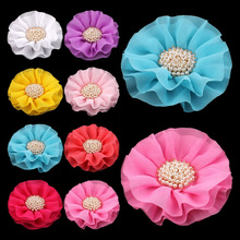 120pcs/lot 4" 15colors Big Ruffled Chiffon Flower+Pearl Centre For Kids Hair Accessories Artificial Fabric Flowers For Headbands 2024 - buy cheap