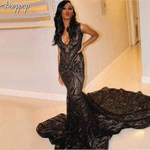 Long Prom Dresses 2022 Sparkly Sexy See Through Mermaid Elegant African Women Black Sequin Prom Dress With Train 2024 - buy cheap