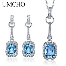 UMCHO Real 925 Sterling Silver Jewelry Set 5.6 ct Natural Blue Topaz Drop Earrings Pendant For Women Jewelry Necklace With Chain 2024 - buy cheap