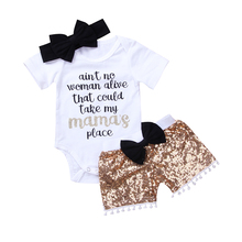 3PCS Set Newborn Baby Girl Clothes Short Sleeve Letter Print Cotton Bodysuit Top Sequins Bow Tassel Shorts Headband Outfits Set 2024 - buy cheap