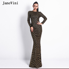 Vestidos de Noche de oro negro con lentejuelas de JaneVini Dubai para mujer 2019 último diseño sirena de manga larga vestidos de fiesta de noche brillantes 2024 - compra barato