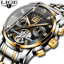 LIGE Brands Men Automatic Mechanical Tourbillon Watch Luxury Fashion Stainless Steel Sports Watches Mens Clock Relogio Masculino 2022 - buy cheap