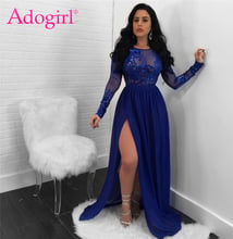 Adogirl 2018 Sexy Open Back See Through Sequins Night Club Dress O Neck Long Sleeve High Slit Maxi Evening Party Dresses Vestido 2024 - buy cheap