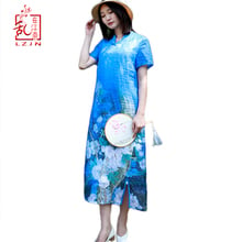 LZJN 2019 Women Girl's Summer Dress Flax Linen Cheongsam Qipao Collar Chinese Style Royal Blue Long Party Dress Vestido da festa 2024 - buy cheap