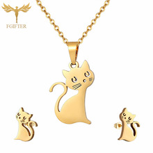 Cute Animal Cat Jewelry Set Women Earring and Necklace Sets Stainless Steel Chain Cat Pendant Stud Earring Gift ensemble bijoux 2024 - buy cheap