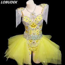 Conjunto feminino amarelo com saia, macacão, epaulet, saia, roupa de palco, dj, singer, bar, discoteca, traje de apresentação 2024 - compre barato