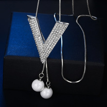 BYSPT-Cadena de suéter con borla de perla simulada, cadena larga con colgante en forma de V, color plateado, elegante 2024 - compra barato
