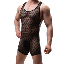 Sexy Undershirt PU Leather Mesh Patchwork Men's See Through Jumpsuit Men's One Piece Leotard Gay Wrestling Singlet Undershirts 2024 - buy cheap