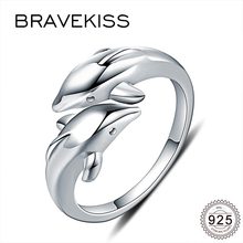 BRAVEKISS-Anillo de Plata de Ley 925 con doble delfín para mujer, ajustable, abierto, para fiesta, boda, joyería fina, BLR0409 2024 - compra barato