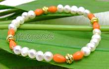 Qingmos 6-7mm pulsera redonda de perlas blancas naturales para mujeres con 5*9mm gota naranja Coral pulsera 7,5 "joyería bra286 2024 - compra barato