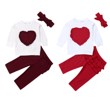 0-3Y милые осенние комплекты одежды для маленьких мальчиков и девочек футболки с длинными рукавами с принтом «любовь» + штаны + повязка на голову 2024 - купить недорого