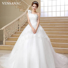 VENSANAC Flowers Pleat One Shoulder Sequined Ball Gown Wedding Dresses 2018 Lace Appliques Court Train Bridal Gowns 2024 - buy cheap