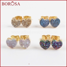 BOROSA Heart Natural Druzy Crystal Titanium Rainbow Druzy Stud Earrings for Women, New Gold Color Drusy Studs Earrings G1328 2024 - buy cheap