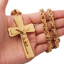 Christian 316L Stainless Steel Gold Color 3 Layers Cross Jesus Crusifix Jewelry Men's Pendant Necklace Byzantine Chain 18"-40" 2024 - buy cheap