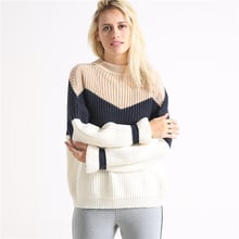 Women's Sweater 2019 Autumn Winter New Casual Thickening Loose Color Stripes Contrast Color Stitching Knitted Sweater Pullover 2024 - buy cheap