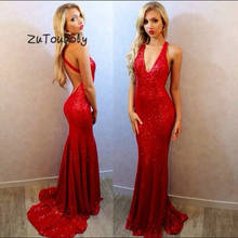 Bling Sequins Red Evening Dress Long Sexy Deep V Neck Slim Mermaid Formal Party Dresses For Women At Night evening ceremony gown 2024 - buy cheap