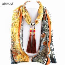 Ahmed New Design Printed Chiffon Tassel Pendant Scarf Necklace For Women New Bohemian Fashion Scarve Collar Bijoux Jewelry 2024 - buy cheap