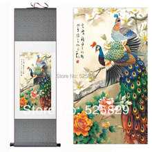 Cuadro de peonía de pavo real para decoración del hogar, arte de pared de alta calidad, pintura china tradicional de desplazamiento de seda, novedad de 2014, envío gratis 2024 - compra barato